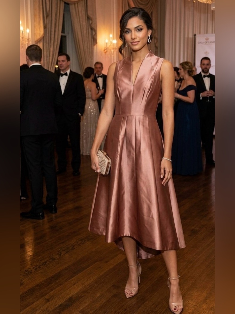 Kay Unger New Lola Twill Cocktail Dress Rose Gold Satin High Low Midi Sz 6 NWT